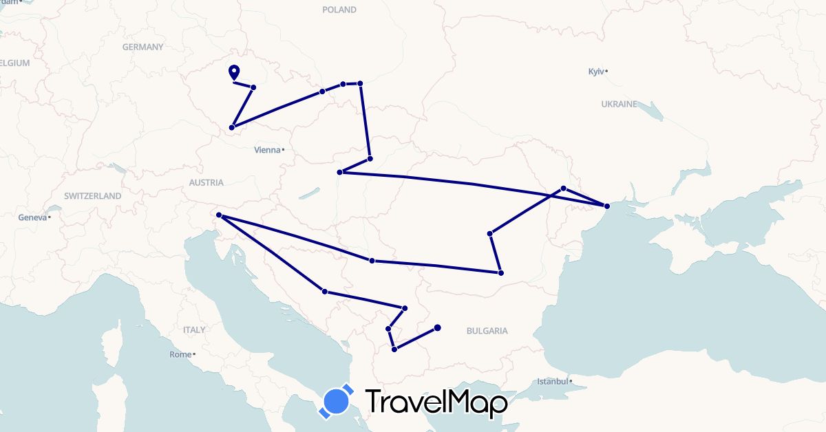 TravelMap itinerary: driving in Bosnia and Herzegovina, Bulgaria, Czech Republic, Hungary, Moldova, Macedonia, Poland, Romania, Serbia, Slovenia, Ukraine, Kosovo (Europe)